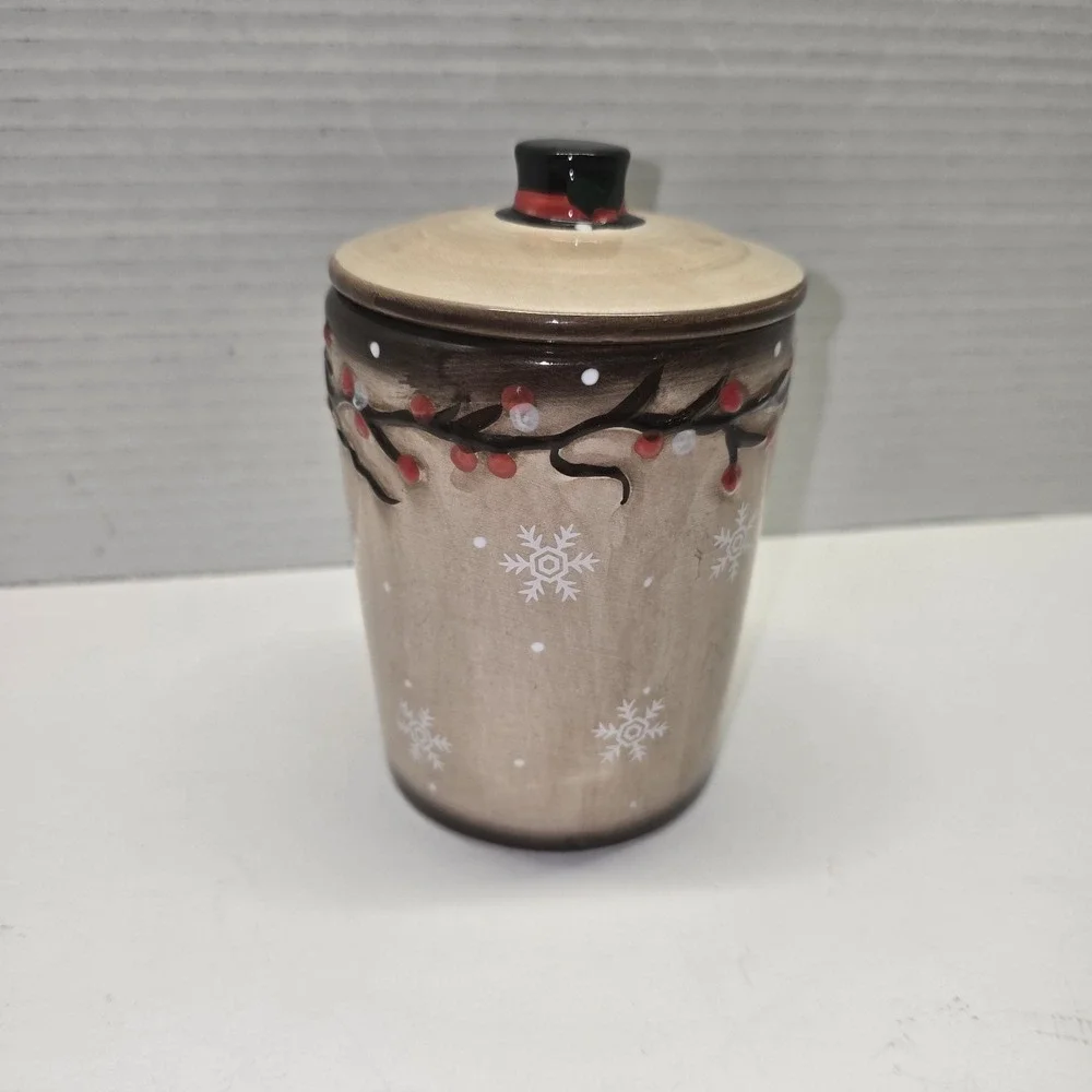 LTD Commodities Snowmen with Holly Lidded Canister Small Brown Seasonal‎ Cute
